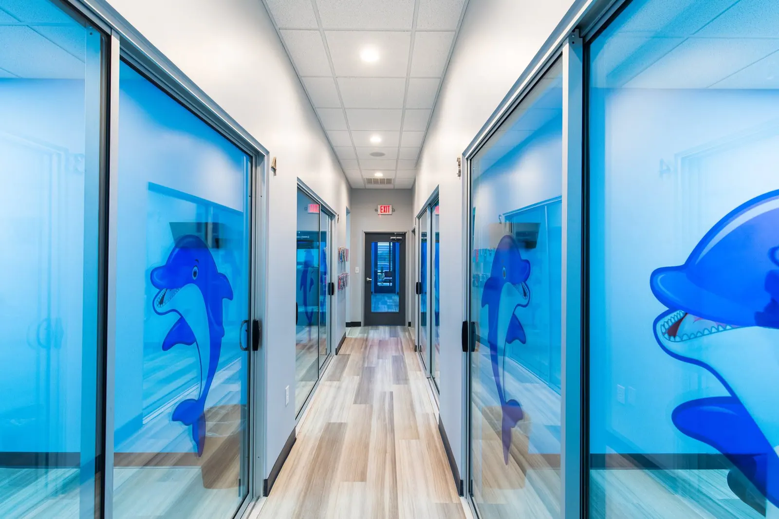Glass-lined hallway with dolphin graphics on the treatment-room doors