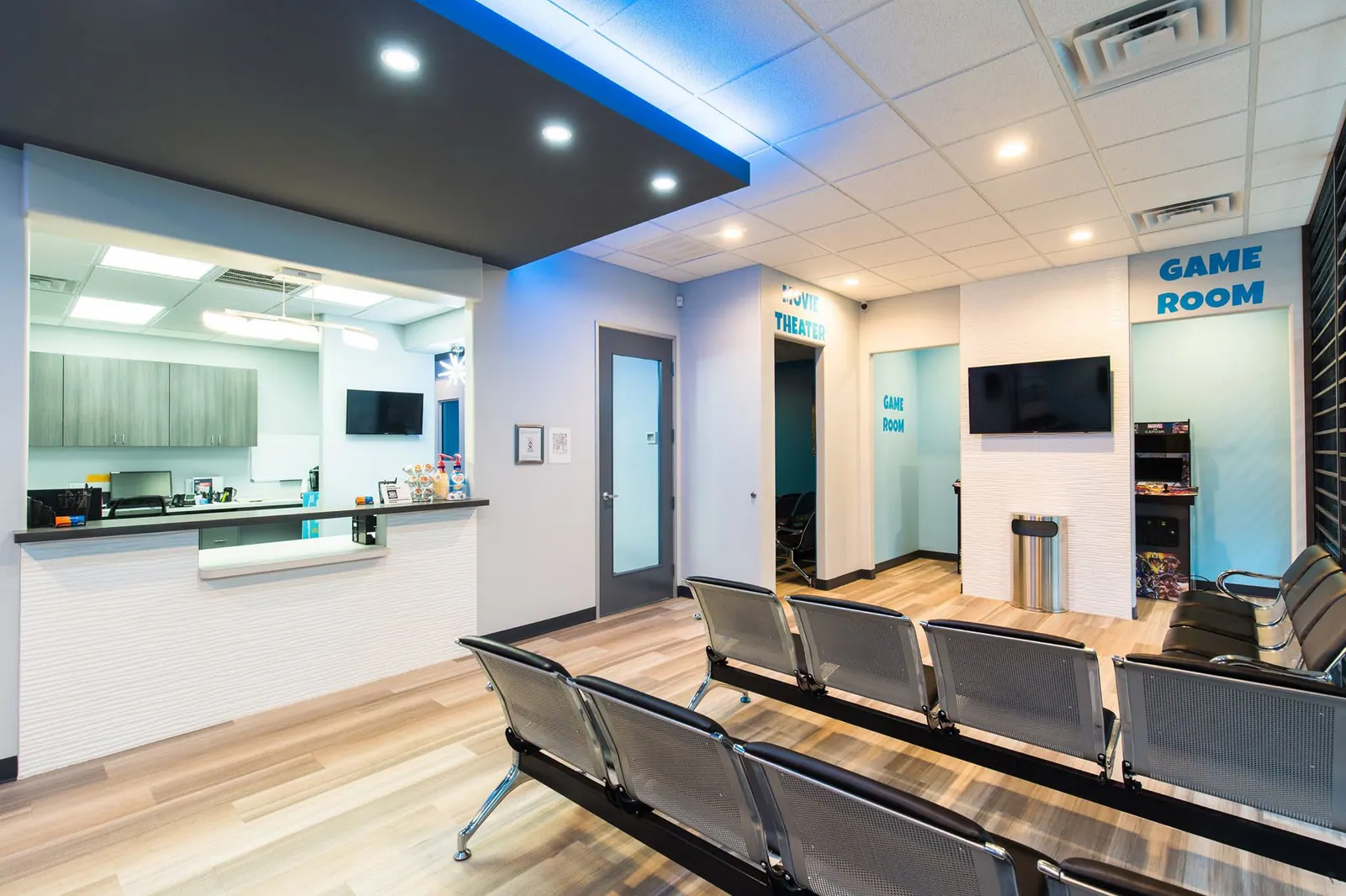 Reception desk and seating area inside Fresca Dental